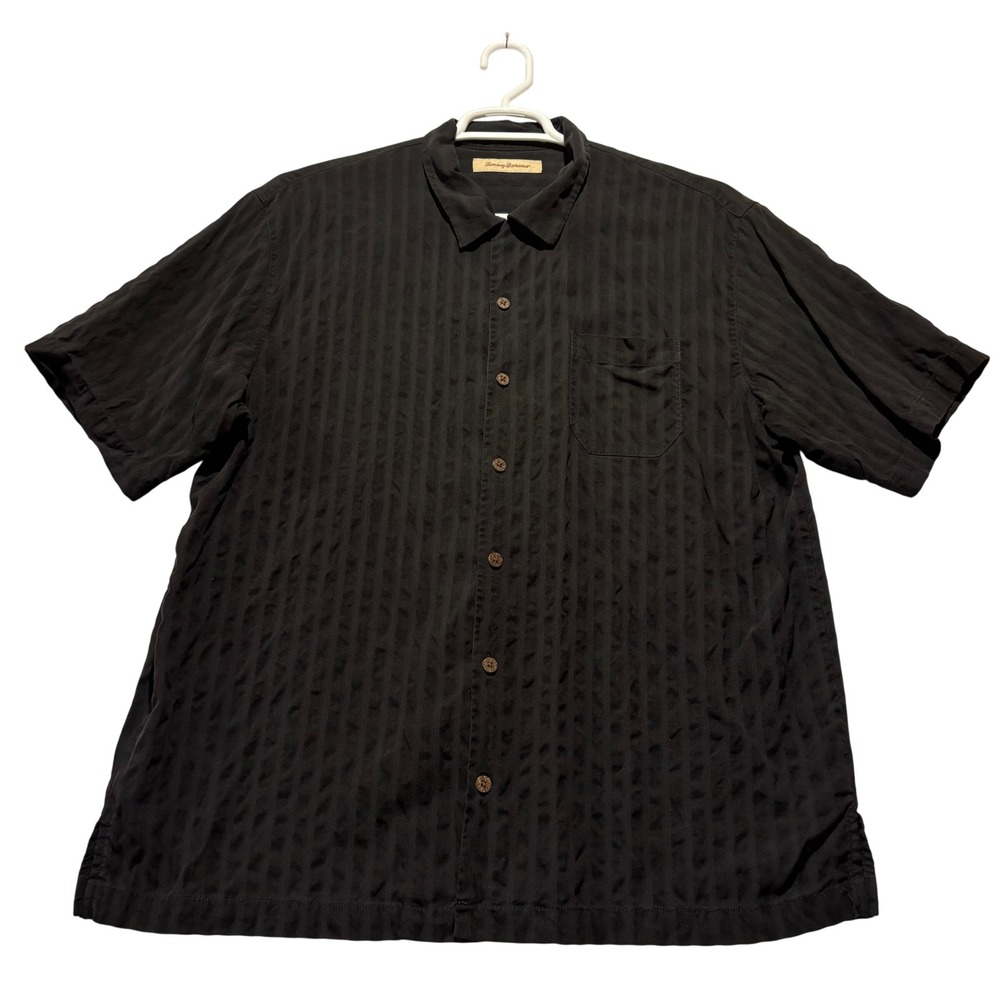 Tommy Bahama Vintage 100% Silk Shirt‎ Mens XL Black Textured Stripe Camp Button
